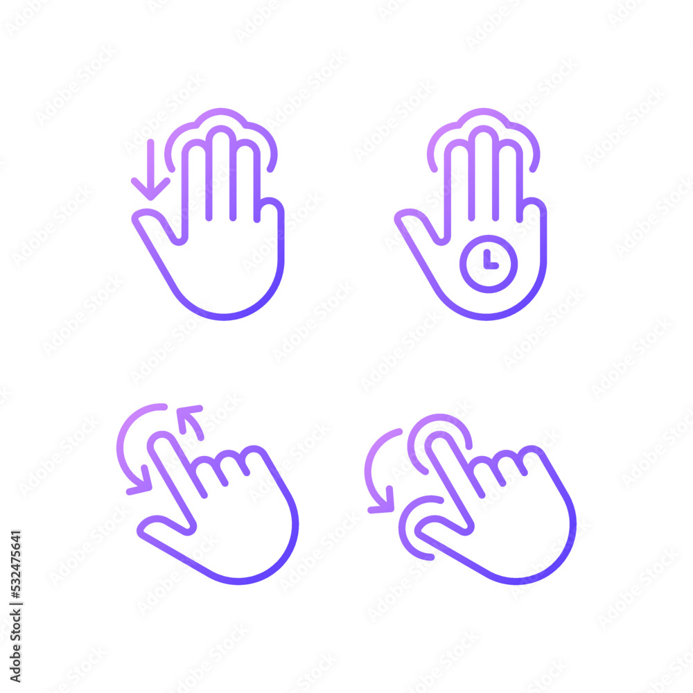 Poster multi touch control gradient linear vector icons set. three finger tap and hold. rotation function. 