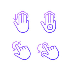 Multi touch control gradient linear vector icons set. Three finger tap and hold. Rotation function. Touchscreen. Thin line contour symbol designs bundle. Isolated outline illustrations collection