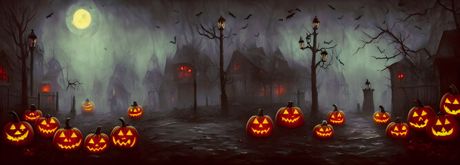 Jack O Lanterns - Halloween Background. Banner size. 3d