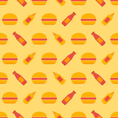 Burger seamless pattern. Burger with sauces in retro color palette. Fast food concept in flat design. Retro design for print on wrapping paper, wallpaper, fabric, packing. Vector illustration