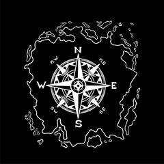 Illustration on a black background of an excerpt of a geographical map and a rose of sea winds, a fantastic map of the earth