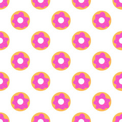Donuts seamless pattern. Icon donuts with pink icing on white background. Concept takeaway food. Sweet glazed donuts. Cute design for print on wallpaper, wrapping paper, fabric. Vector illustration