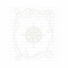 Illustration of a paper cover of a writing pad with lines and a faint drawing of an ancient nautical chart and compass, background design of a draft of a frame template