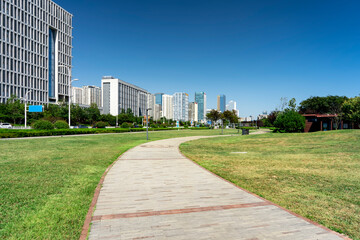 Street view of modern buildings in Qingdao West Coast New District