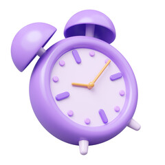 3d Alarm clock icon. Purple vintage clock with twin bell at 10.10 floating isolated on transparent. Time management, time keeping concept. Cartoon icon minimal smooth. 3d rendering.
