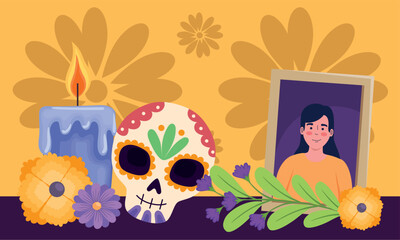 dia de los muertos skull with altar