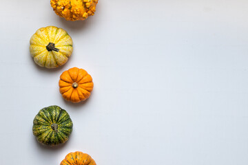 Obraz na płótnie Canvas Little yellow, orange and green pumpkins on white background. Autumn and halloween theme.
