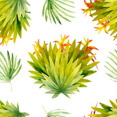 Seamless pattern with watercolor tropical leaves and flowers