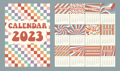 Print template calendar for 2023 in vertical A4, A3 format.12 months and cover. 12 Hippie Groovy curved distorted waves, cage, stripes, rays, checker vector geometric abstract background