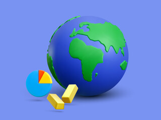 Realistic 3d planet Earth with gold bars and round graph on blue background. Vector illustration