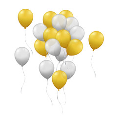 Realistic group of gold and silver balloons isolated on transparent background