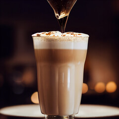Café au Lait. Studio backdrop. Moody lighting. Glossy. Coffee shop.