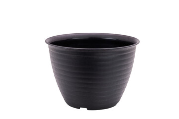 Empty black plastic flower pot isolated on white background. with clipping path