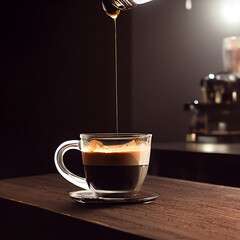 Café Americano coffee.  Studio backdrop. Moody lighting. Glossy. Coffee shop. Wooden bar.