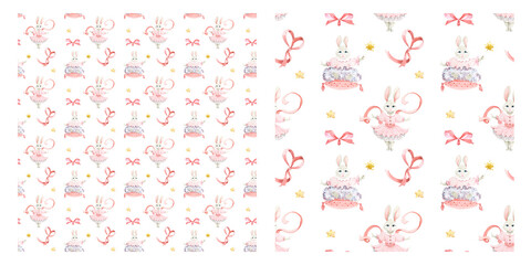 Watercolor Seamless pattern of cute bunnies. Girl and boy, blue and pink festive background. Children's background with animals. Sleeping bunny. Backgrounds for children's party, cards, textiles, clot
