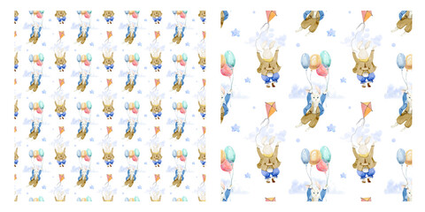 Watercolor Seamless pattern of cute bunnies. Girl and boy, blue and pink festive background. Children's background with animals. Sleeping bunny. Backgrounds for children's party, cards, textiles, clot