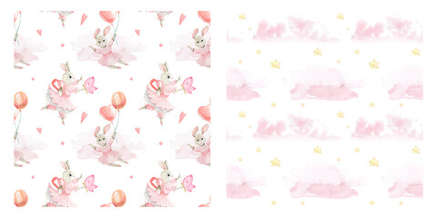 Watercolor Seamless pattern of cute bunnies. Girl and boy, blue and pink festive background. Children's background with animals. Sleeping bunny. Backgrounds for children's party, cards, textiles, clot