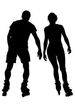 Silhouette of boy and girl on roller skates on white background