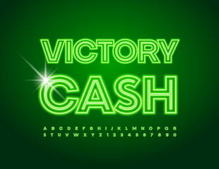 Vector neon logo Victory Cash. Glowing Green Font. Artistic Alphabet Letters and Numbers set