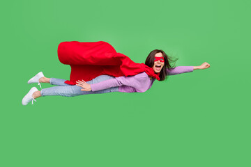 Full body size photo of young exctied energetic open mouth woman wear red cloak mask superhero fly...