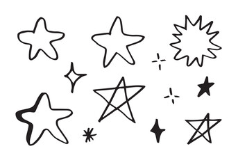 Hand drawn stars set. Star doodles collection on white background.