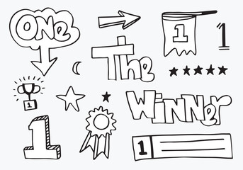 Trophy and Awards doodle icon set. first place medals. Winner Hand drawn Line art style isolated on white background.