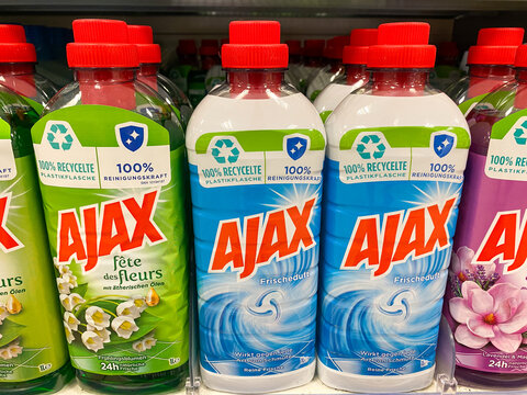Rheinbach, Germany  2 February 2022,   Several packs of "Ajax" fabric softener on a supermarket shelf