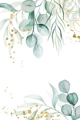 Background borders made of green watercolor eucalyptus leaves, wedding illustration