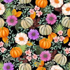 Beautiful bouquet fall autumn pumpkin squash blooming wild flowers ,leaves ,berries in the holiday season seamless pattern design