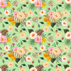 Beautiful bouquet fall autumn pumpkin squash blooming wild flowers ,leaves ,berries in the holiday season seamless pattern design