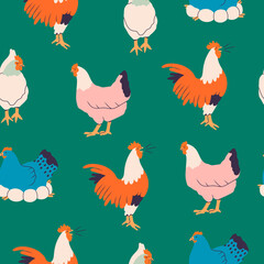 Domestic Chicken set. Different hens, rooster, eggs in nest. Various breed. Farm birds, Easter, organic eco food concept. Cute farm animals. Hand drawn Vector illustration. Square seamless Pattern