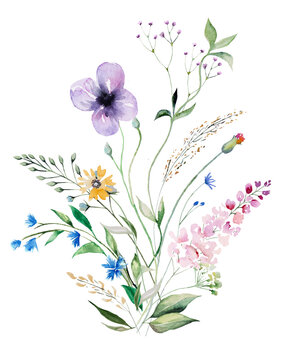 Bouquet of watercolor wild flowers and leaves, summer wedding and greeting illustration isolated