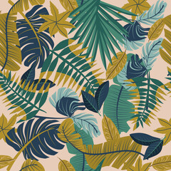 Fototapeta na wymiar Seamless pattern with tropical leaves. A Pattern for wallpaper, fashion and print. 