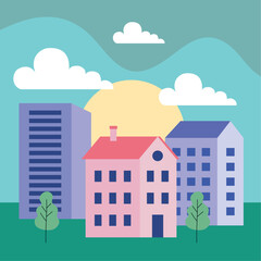Fototapeta premium buildings and pines with sun