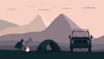 Man with tent and SUV resting in nature. Vector illustration. © lyudinka
