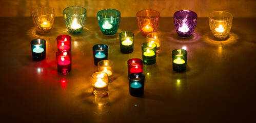 Close-up view of Diwali or Deepavali or Christmas  lights.Decorated with tea lights glowing in...