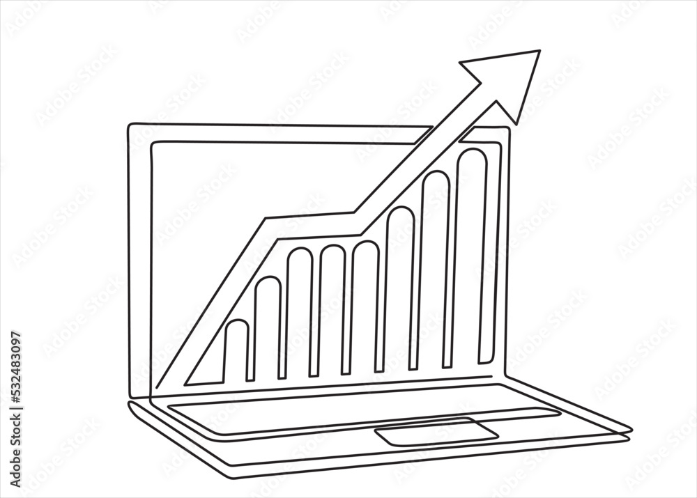 Poster continuous one line vector drawing of laptop with graph and up arrow. line art.