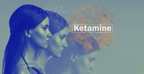 girl with the inscription ketamine. Double face. Split personality. Conceptual mood disorder. Dual personality concept. 2 silhouettes of a female head. mental health.  - obrazy, fototapety, plakaty
