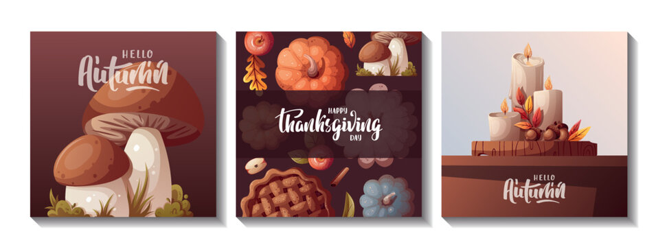 Set of autumn cards with pumpkins, apple pie, mushrooms, candles and autumn leaves. Autumn, harvest, holiday, fall concept. Square Vector illustrations. Postcard, cover, card.