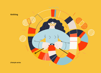 Lifestyle series - Knitting - modern flat vector illustration of a woman wearing glasses knitting a long striped scarf with knitting needles. People activities concept