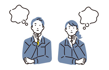 考える作業服を着た男女