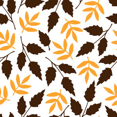 Simple floral vector seamless pattern. Dry orange, brown leaves, twigs on a white background. For fabric prints, textiles. Autumn-summer collection. Seasonal leaf fall.