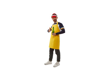 Portrait of cheerful man, selles, salesperson of goods posing in bright yellow apron and red cap isolated over white background