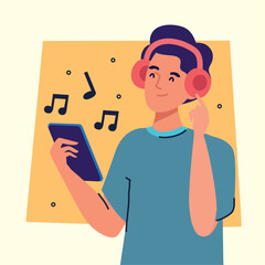 man with smartphone listening music
