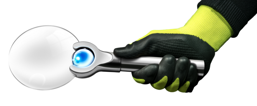 Close-up of a hand with protective work glove holding a modern magnifying glass. Isolated on transparent background. Photography and 3d illustration, png.