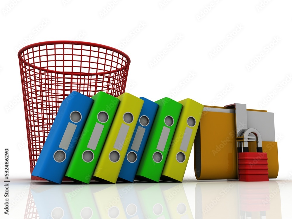 Poster 3d rendering office document binder with folder on recycle bin
