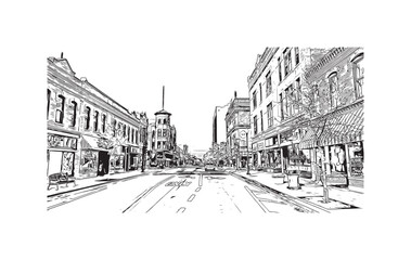 Building view with landmark of Oshkosh is the 
city in Wisconsin. Hand drawn sketch illustration in vector.