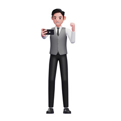 businessman in grey vest celebrating while looking at the phone screen, 3d illustration of businessman using phone
