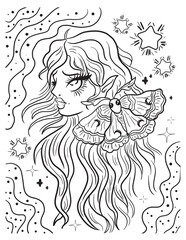 Girl and butterfly coloring page. Vector coloring for adults