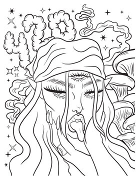 Beautiful girl and weed leaf coloring page. Vector coloring for adults